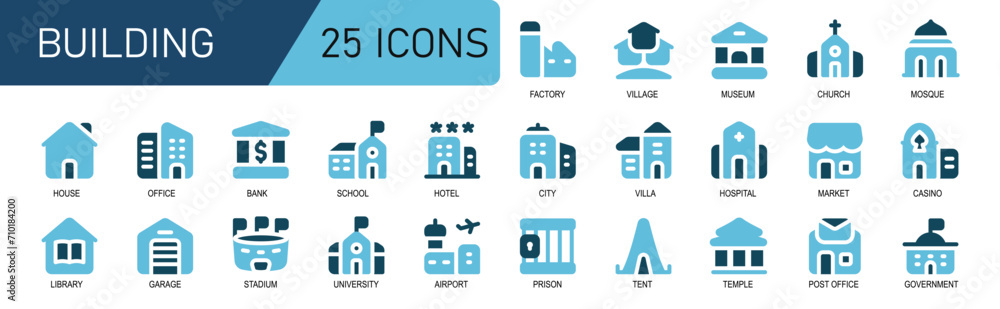 building icon collection.duo tone style.contains hotel,school,bank,home ...