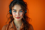 Fototapeta Uliczki - Beautiful girl with wavy hair, blue eyes, wearing headphones close-up on terracotta background. Ideal for advertising call center, support operator.