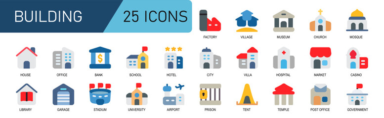 icon set building.flat color style.contains villa,factory,museum,church,mosque,post office,government,stadium,garage,university,airport.
