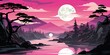 Pink Moon Over Serene Lakeside Mountain Landscape Illustration