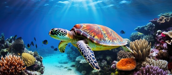 Wall Mural - Oceanic video of a sea turtle in its natural habitat amongst vibrant coral reef.