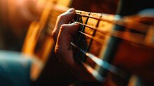 Close-up Of A Guitar String Being Plucked, Blurred Background.