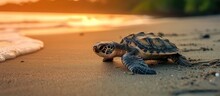 Small Loggerhead Turtle Near Ocean Crawling On Costa Rican Sand.