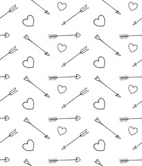 Wall Mural - Vector seamless pattern of hand drawn doodle sketch outline cupid valentine hearts and arrows isolated on white background