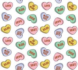 Wall Mural - Vector seamless pattern of groovy retro cartoon colored Valentine love candies isolated on white background