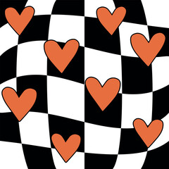 Wall Mural - Vector seamless pattern of groovy hearts on chessboard background