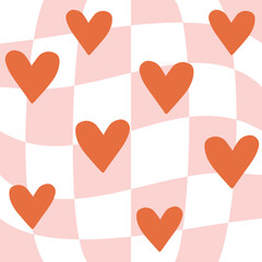 Wall Mural - Vector seamless pattern of groovy hearts on pink chessboard background