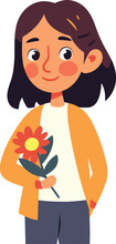 A Smiling Girl Holds A Flower In A Simple Styled Vector Illustration.