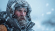 © karina_lo - Face of serious man during storm, portrait of bearded climber with snow on snowstorm background in winter. Concept of cold, ice, sport, climbing, frozen people, nature and frost