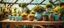 Complete Set Of Gardening Tools And Assorted Flowerpots In A Vibrant And Sun Kissed Garden Scene