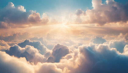 radiant sunset above billowing clouds, a heavenly abstract illustration in extra-wide format exuding