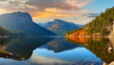 Fototapeta Krajobraz - autumn sunset over Donner Lake, reflecting the stunning mountain panorama – a captivating blend of nature's beauty and seasonal transitions