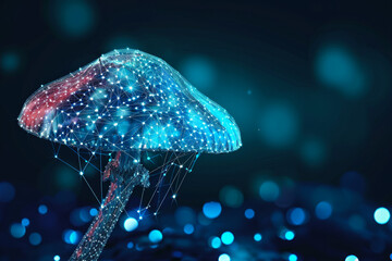 Wall Mural - Mushroom digital study concept, hologram made of dots. Background with selective focus and copy space