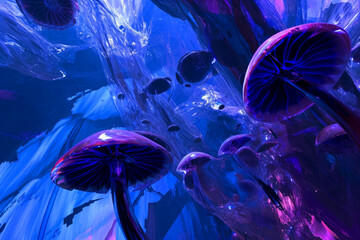 Wall Mural - Fantastic concept of magic mushrooms. Background with selective focus and copy space