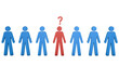A Single, Prominent Red Question Mark Figure Amongst a Series of Blue Silhouettes on a White Background. Concept of doubt, uncertainty, individuality and curiosity.