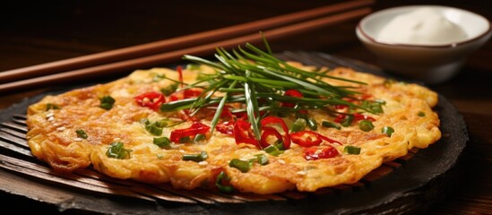 Sticker - Pajeon with chives and red pepper on bamboo basket, South Korea