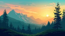 Vector Illustration Of A Mountain Landscape At Sunset