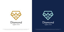 Blue Diamond Logo Design Illustration. Silhouette Line Art Linear Jewelry Shop Beauty Fashion Lifestyle Gold Crystal Gem. Flat Icon Symbol Simple Minimal Minimalist Elegant Luxury Magnificent Majesty.