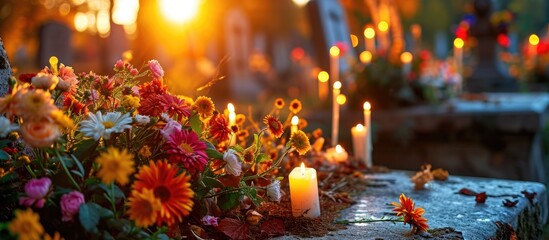Wall Mural - All Saints Day in Slovakia, Europe, with flowers and candles adorning a tombstone in the churchyard.