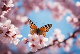 Fototapeta Natura - Beautiful butterfly and cherry blossom branch in spring on blue sky background with copy space soft
