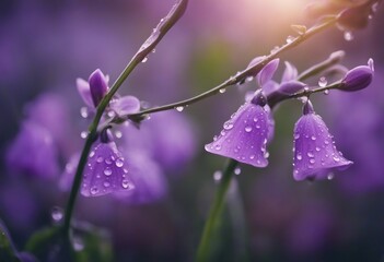 Beautiful bright lilac bell flower in drops of morning dew Close-up water drops on bell petals in na