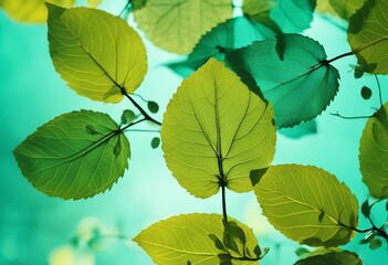 Many transparent silhouettes of skeleton leaves on a green turquoise and yellow background Floral pa