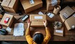 Above table top view of female warehouse worker or seller packing ecommerce shipping order box for dispatching, preparing post courier delivery package, dropshipping shipment service, Generative AI