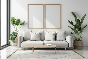 Modern Living Room Interior with Two Blank Frames for Art Display