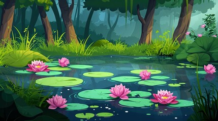 Wall Mural - Forest summer landscape with water lilies on lake surface. Cartoon vector jungle wetland scenery with green grass and bushes, tree trunks on shore of pond with pink lotus flowers and leaf pad