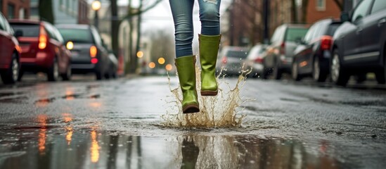 Woman wearing green rubber boots jumps in street puddle.