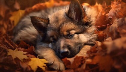 Poster - Cute puppy playing in the autumn forest, fluffy and playful generated by AI