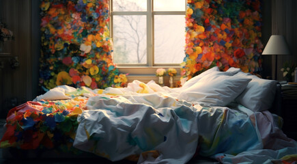 Wall Mural - Comfortable bed with multi colored bedding in a modern bedroom generated by AI