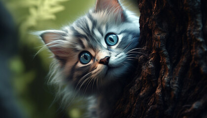 Wall Mural - Cute kitten sitting outdoors, staring at camera, fluffy fur generated by AI