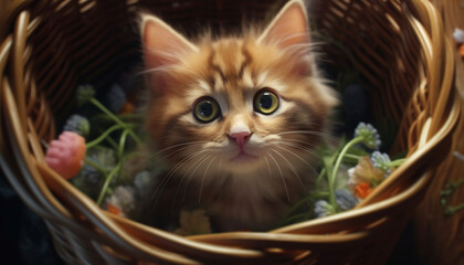 Canvas Print - Cute kitten sitting in wicker basket, looking at camera generated by AI