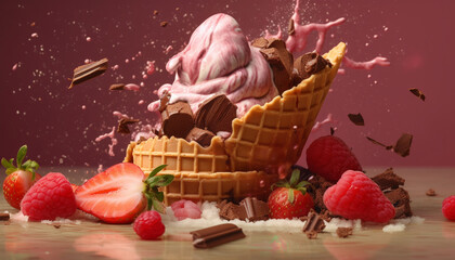 Sticker - Gourmet dessert chocolate, strawberry, raspberry, candy, berry, ice cream generated by AI