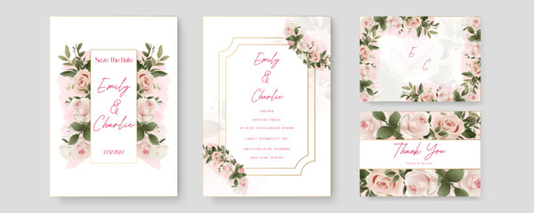 Fototapete - Pink and white rose luxury wedding invitation with golden line art flower and botanical leaves, shapes, watercolor. Watercolor wedding invitation template with arrangement flower and leaves