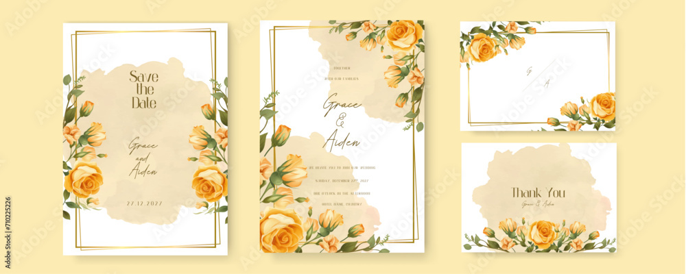 Yellow rose floral wedding invitation card template set with flowers ...