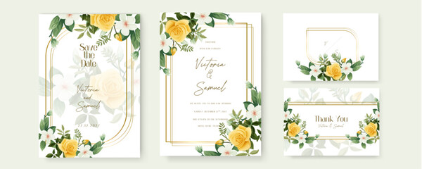 Fototapete - Yellow rose set of wedding invitation template with shapes and flower floral border. Watercolor wedding invitation template with arrangement flower and leaves
