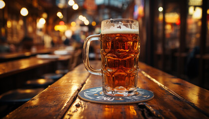 Poster - A frothy pint of beer on a wooden table at night generated by AI