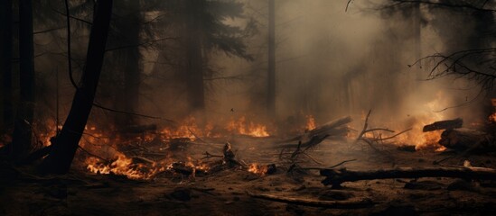 Canvas Print - Blurred forest floor in a fire, distorted trees, smoke with soot particles.