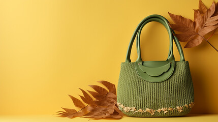 Wall Mural - autumn composition. straw bag with autumn dried leaves on yellow background