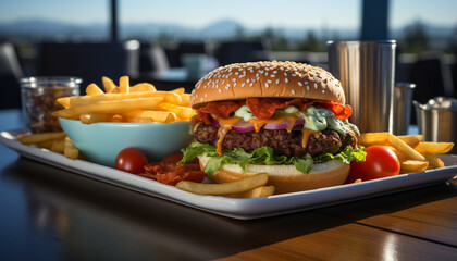 Wall Mural - Grilled beef burger on wooden table, unhealthy meal generated by AI