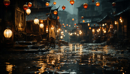 Poster - Night lanterns illuminate the wet city street, reflecting on the water generated by AI