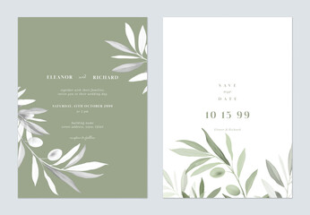 Wall Mural - Green minimalist olive leaves wedding invitation