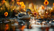 Duckling in pond, surrounded by nature beauty generated by AI