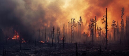 Canvas Print - After a wildfire, there are scorched trees, pollution, and smoke.