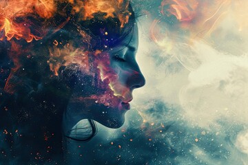 Wall Mural - a person in deep thought with a contemplative expression surrounded by abstract imagery symbolizing 
