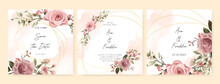 Pink Rose Luxury Wedding Invitation With Golden Line Art Flower And Botanical Leaves, Shapes, Watercolor. Wedding Floral Watercolor Background With Square Post Template And Social Media