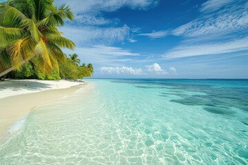 Exotic beach destination with crystal clear water and palm trees