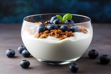 Sticker - Healthy breakfast of homemade granola yogurt blueberries and wheat seeds on a stone background